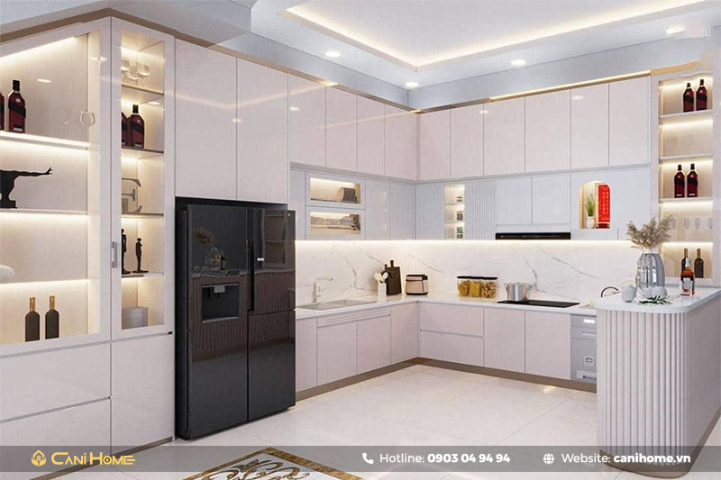 Tủ bếp nhựa phủ Acrylic kết hợp tủ đựng rượu