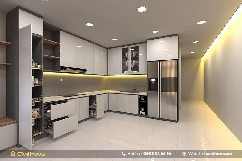 Tủ bếp nhựa phủ lớp Acrylic kết hợp phụ kiện