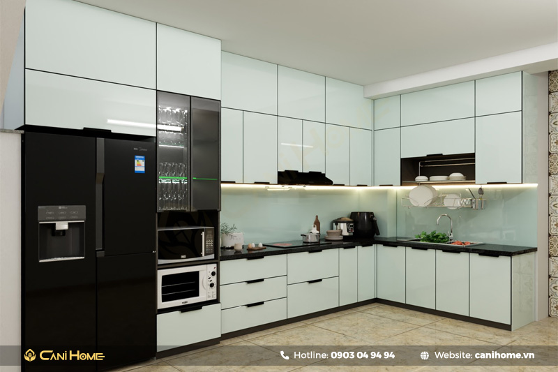 Tủ bếp inox cánh kính sang trọng hiện đại Tủ bếp inox cánh kính sang trọng hiện đại