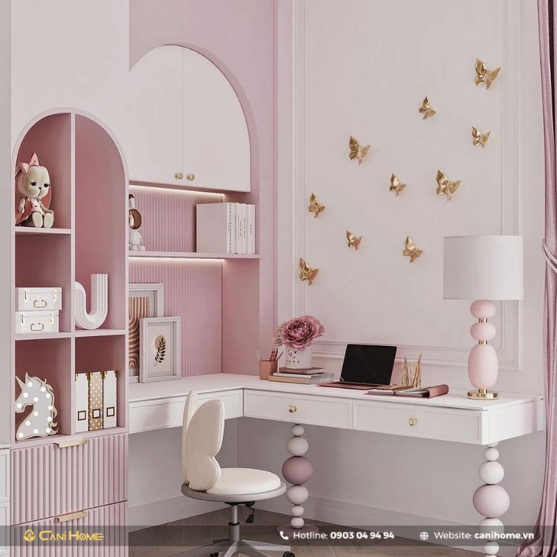 bàn học chữ L gắn liền tủ sách