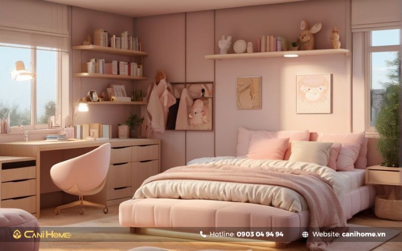 decor phòng ngủ Hàn Quốc hiện đại màu hồng