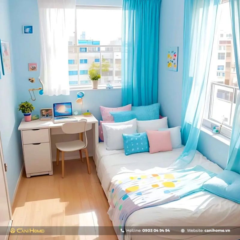 decor phòng ngủ Hàn Quốc hiện đại màu xanh biển