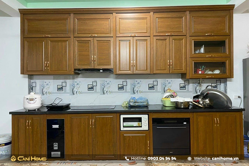 tủ bếp nhôm kính giả gỗ