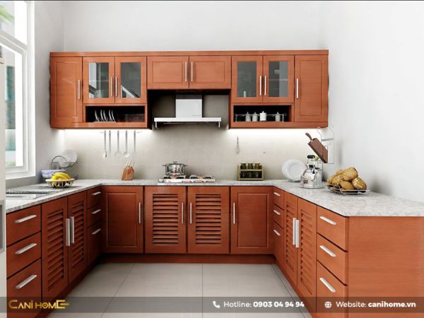 Tủ bếp nhôm kính vân gỗ