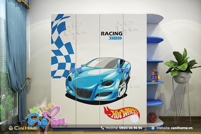 Tủ quần áo bé trai họa tiết xe hơi