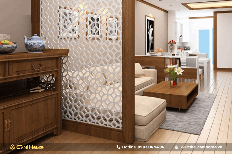 vách ngăn gỗ phòng khách và phòng thờ
