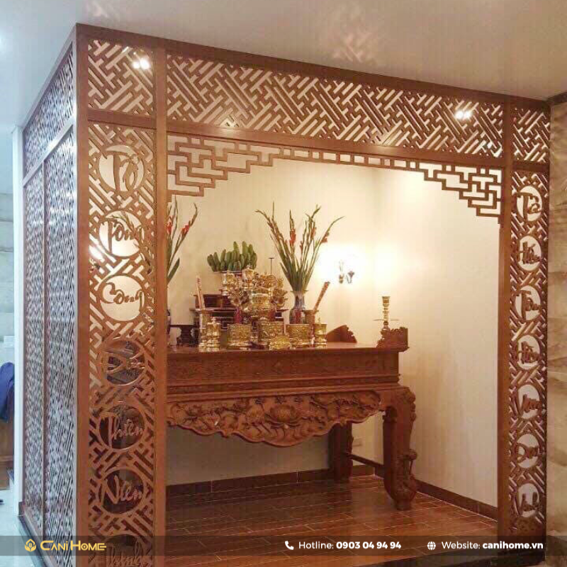 mẫu vách ngăn gỗ phòng thờ với phòng khách đẹp
