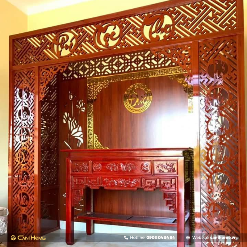 mẫu vách ngăn phòng khách và phòng thờ hiện đại