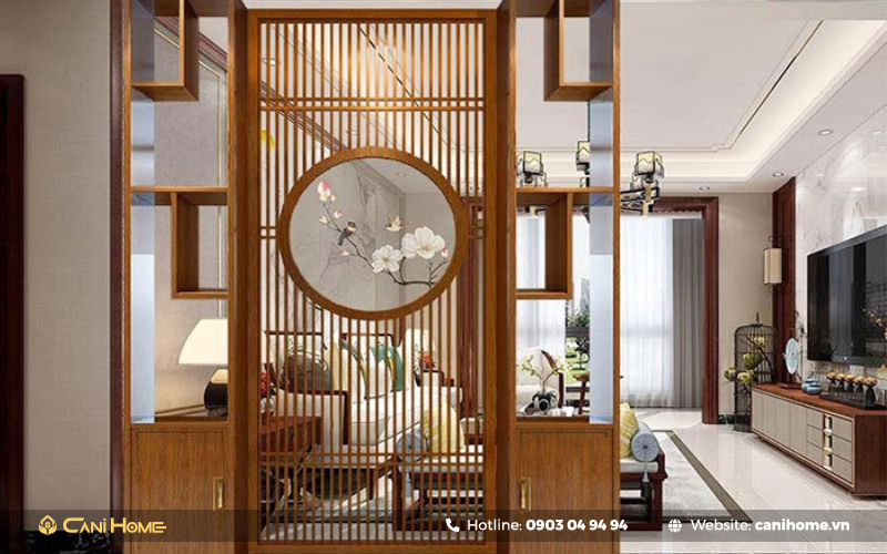 vách ngăn gỗ tự nhiên phòng thờ với phòng khách