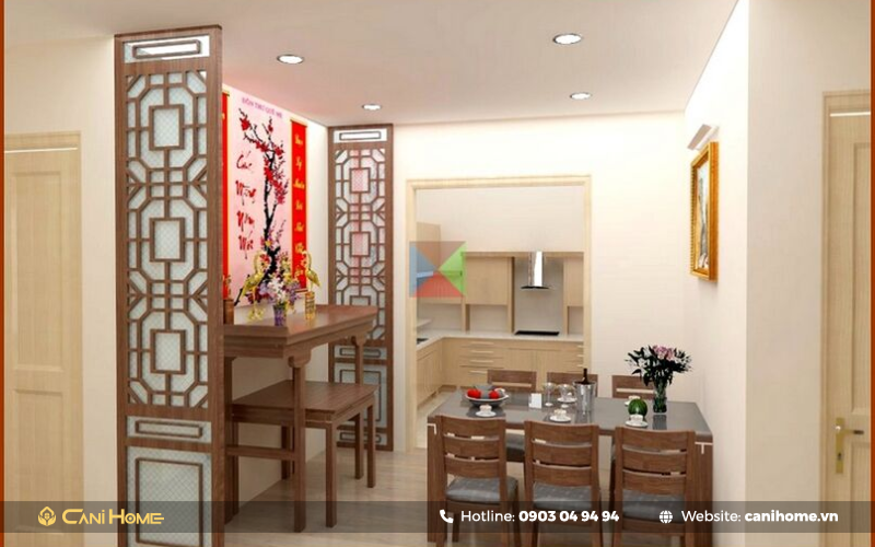 vách ngăn phòng thờ với phòng khách gỗ đẹp