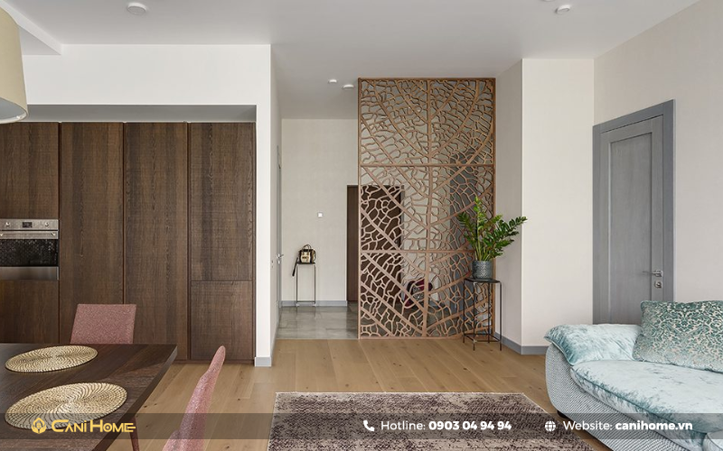 vách ngăn gỗ công nghiệp phòng thờ với phòng khách