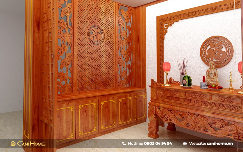 vách ngăn giữa phòng thờ với phòng khách bằng gỗ
