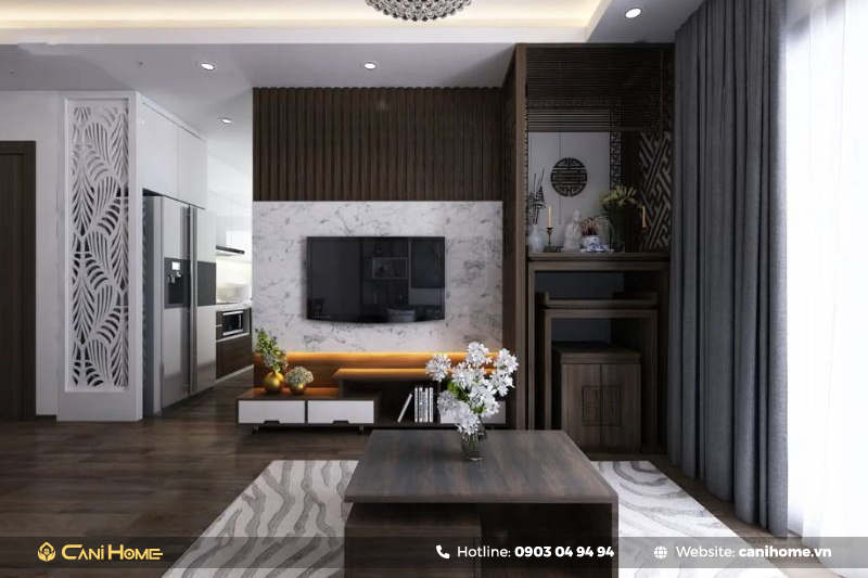 vách ngăn phòng khách với phòng thờ