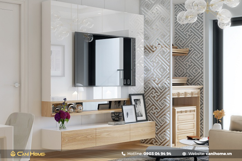 vách ngăn gỗ phòng thờ với phòng khách