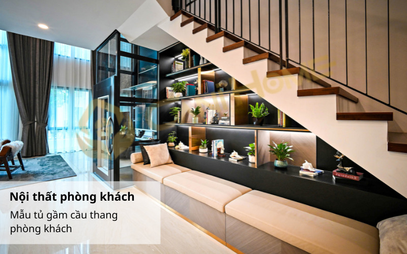 mẫu tủ gầm cầu thang phòng khách